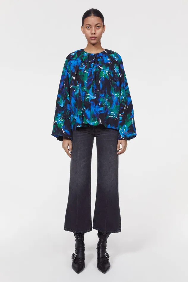 Marylin Silk Floral Blouse Black Cobalt Women Rodebjer Shirts and Blouses