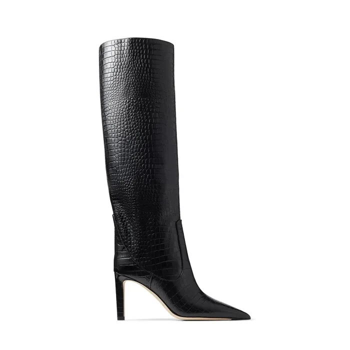 Mavis 85 Black CrocEmbossed Leather Pointed Toe Knee Boots Black Women JIMMY CHOO Boots Mavis 85 Black CrocEmbossed Leather Pointed Toe Knee Boots Black Women JIMMY CHOO Boots