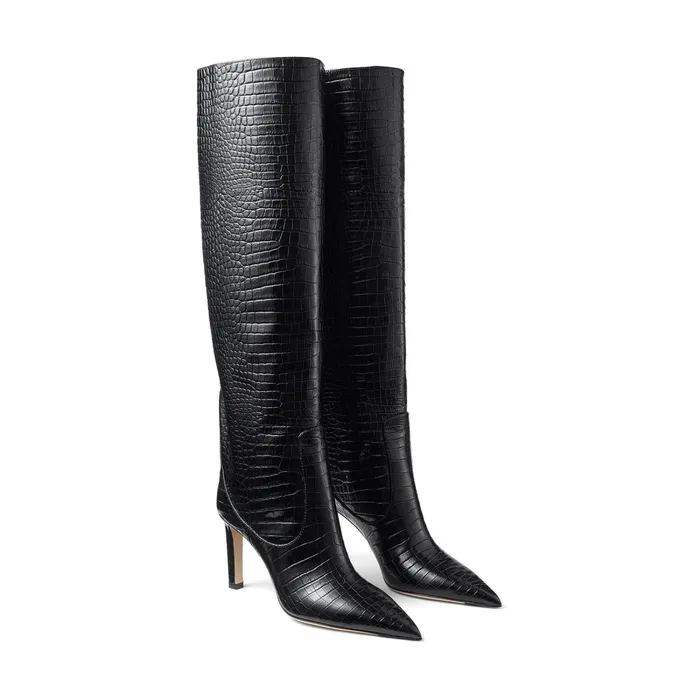 Mavis 85 Black CrocEmbossed Leather Pointed Toe Knee Boots Black Women JIMMY CHOO Boots