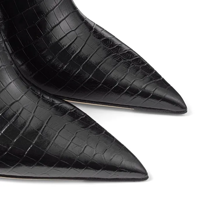 Mavis 85 Black CrocEmbossed Leather Pointed Toe Knee Boots Black Women JIMMY CHOO Boots