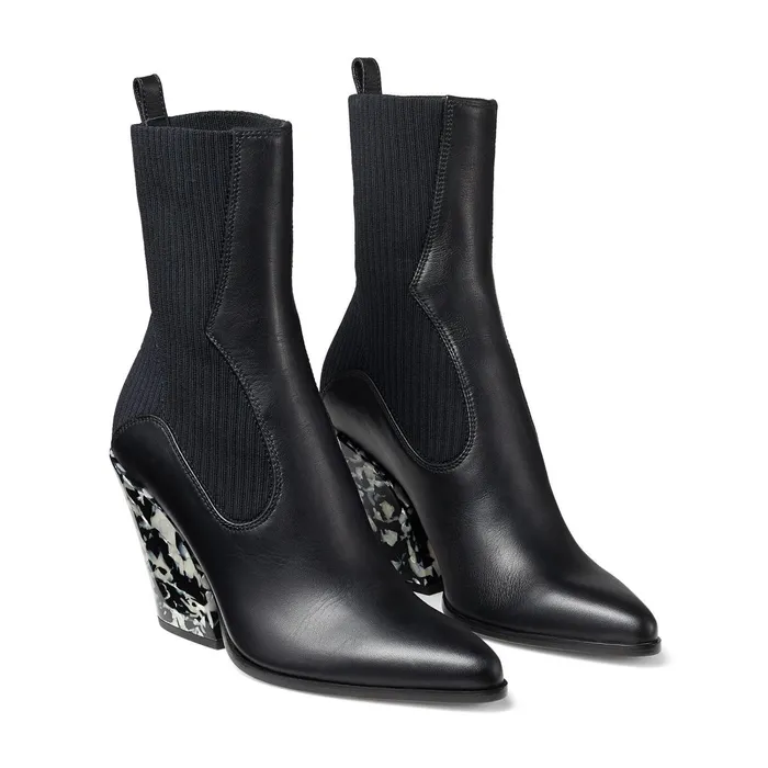 Mele 85 Black Calf Leather And Knitted Ankle Boots With Marble Heel Blackblack Women JIMMY CHOO Boots