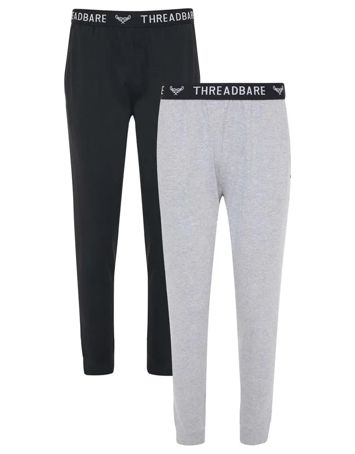 Men Black and Grey Marl Long Pyjama Bottoms 2 Pack Black and Grey Threadbare Loungewear