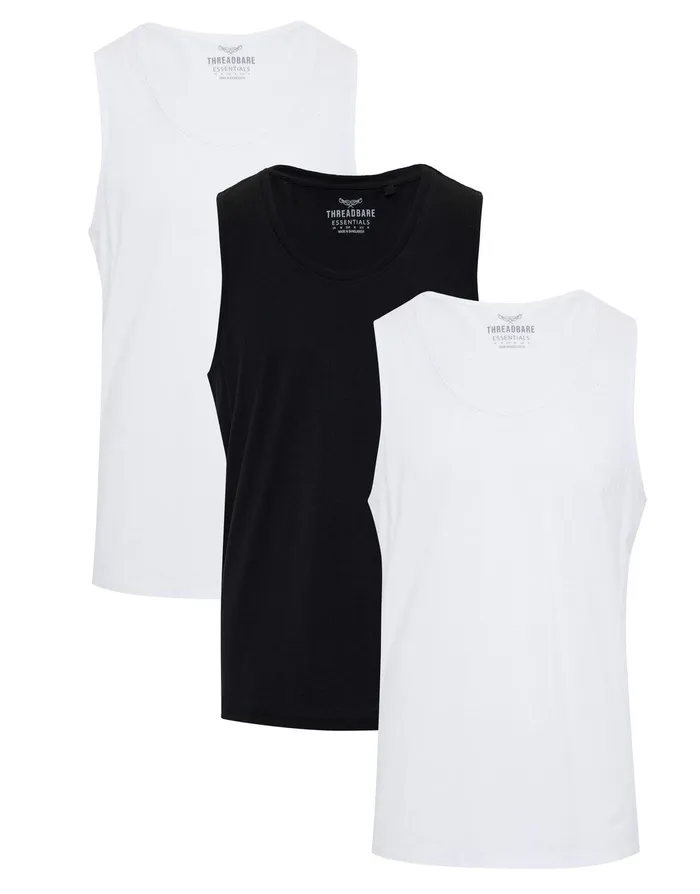 Men Black and White TShirt Vests 3 Pack Black and White Threadbare TShirts