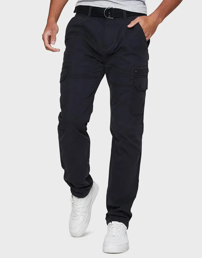 Men Black Belted Cargo Trousers Black Threadbare Trousers and Cargos