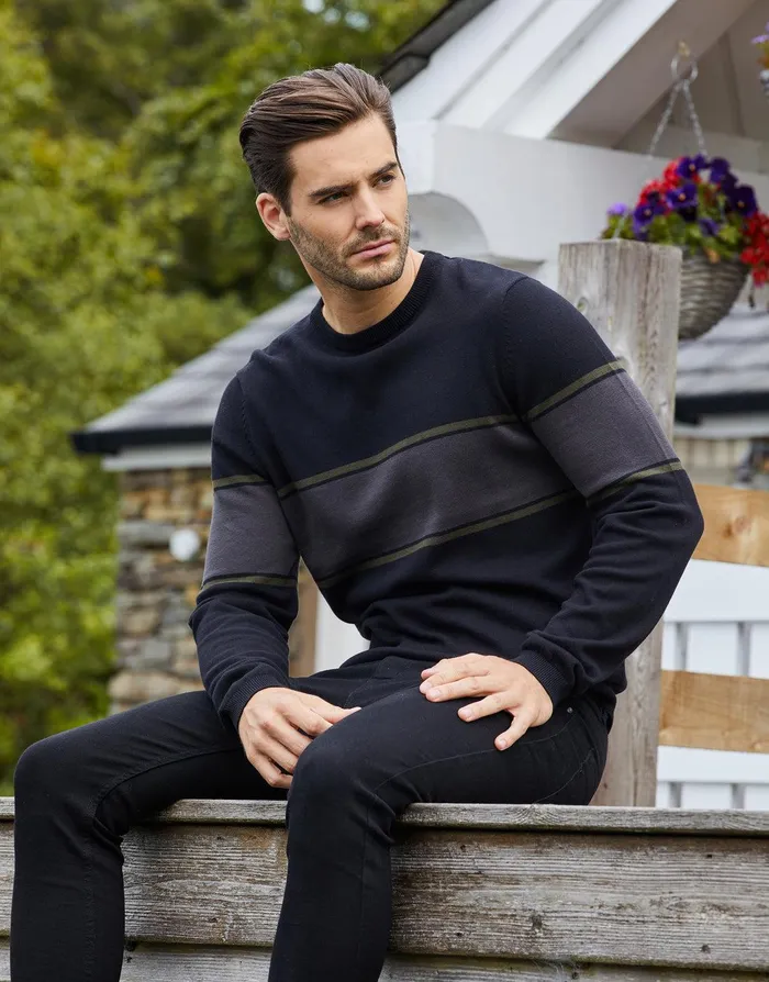 Men Black Colourblock Crew Neck Jumper Black Threadbare Knitwear