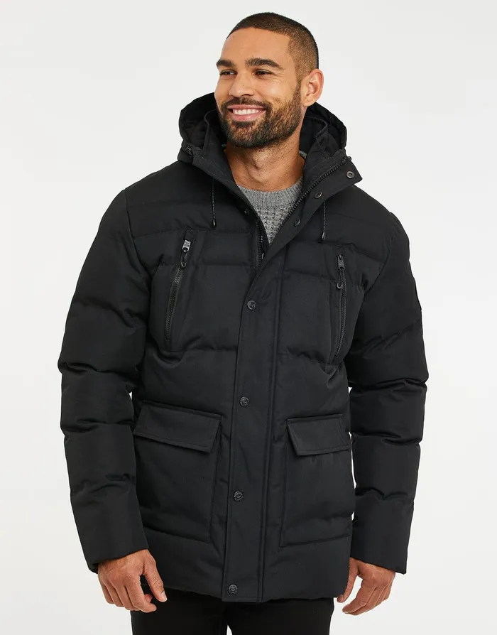 Men Black Hooded Padded Jacket Black Threadbare Jacket and Coats