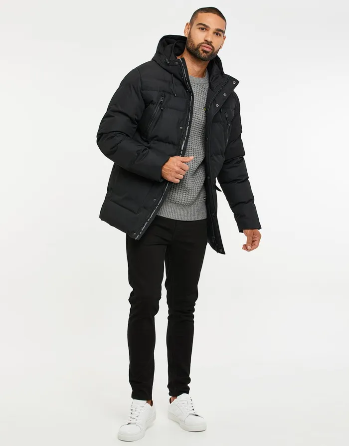 Men Black Hooded Padded Jacket Black Threadbare Jacket and Coats Men Black Hooded Padded Jacket Black Threadbare Jacket and Coats