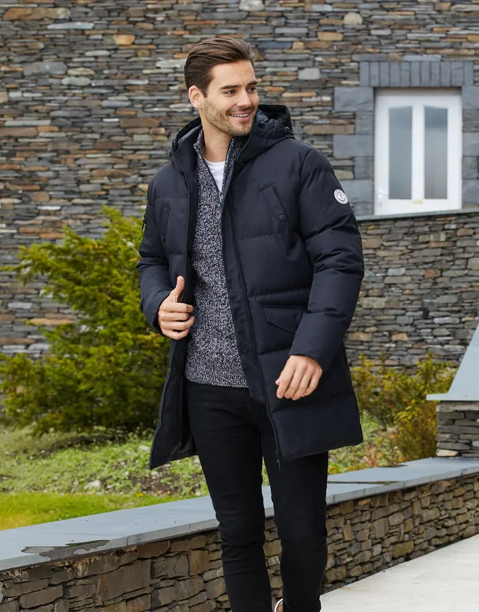 Men Black Longline Padded Jacket Black Threadbare Jacket and Coats