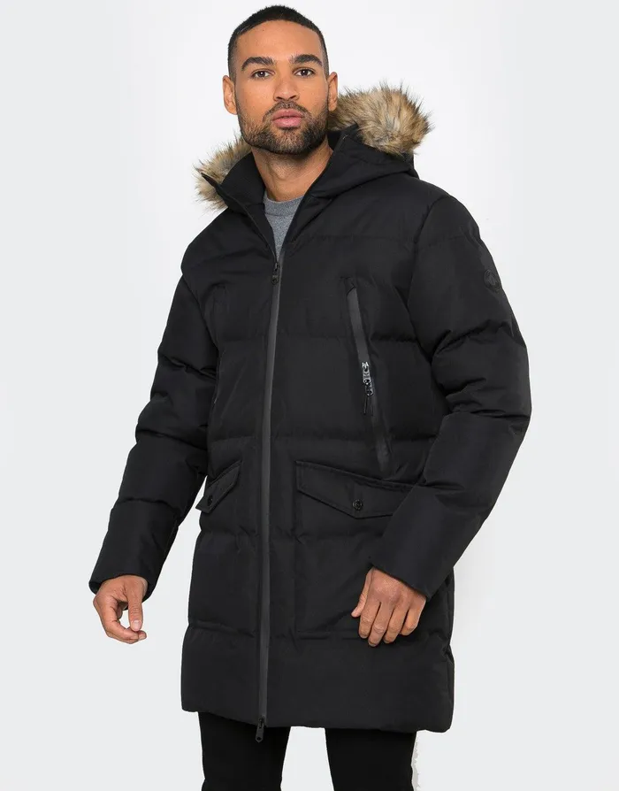 Men Black Longline Padded Parka Coat Black Threadbare Jacket and Coats