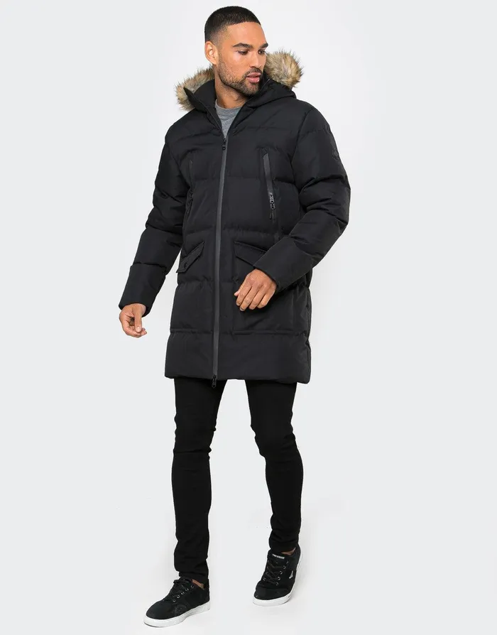 Men Black Longline Padded Parka Coat Black Threadbare Jacket and Coats Men Black Longline Padded Parka Coat Black Threadbare Jacket and Coats