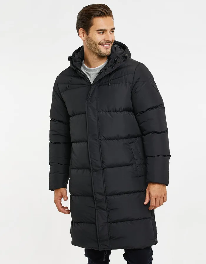 Men Black Longline Puffer Jacket Black Threadbare Jacket and Coats