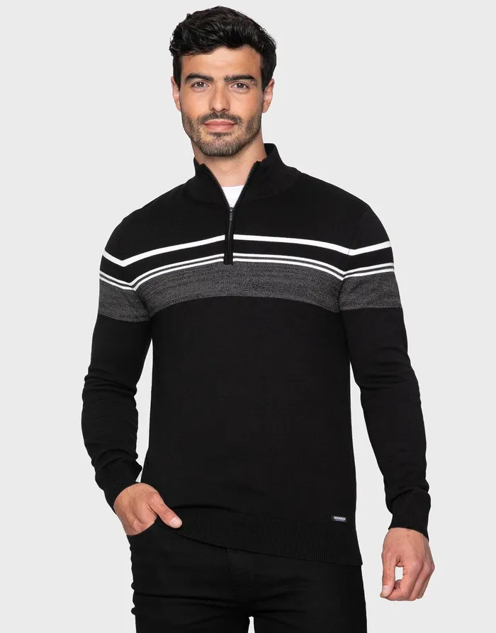 Men Black Mix Quarter Zip Colourblock Jumper Black Ecru Mix Threadbare Knitwear Men Black Mix Quarter Zip Colourblock Jumper Black Ecru Mix Threadbare Knitwear