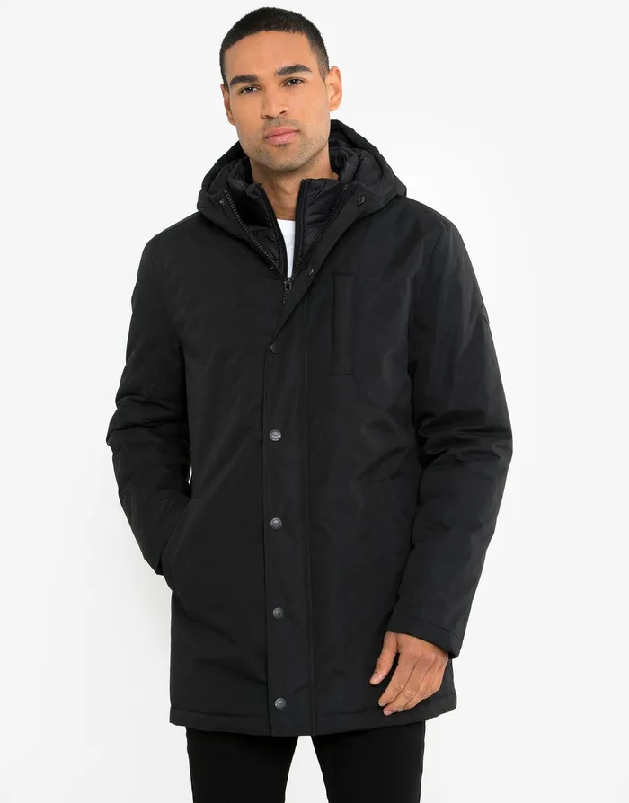 Men Black Mock Layer Mac Black Threadbare Jacket and Coats