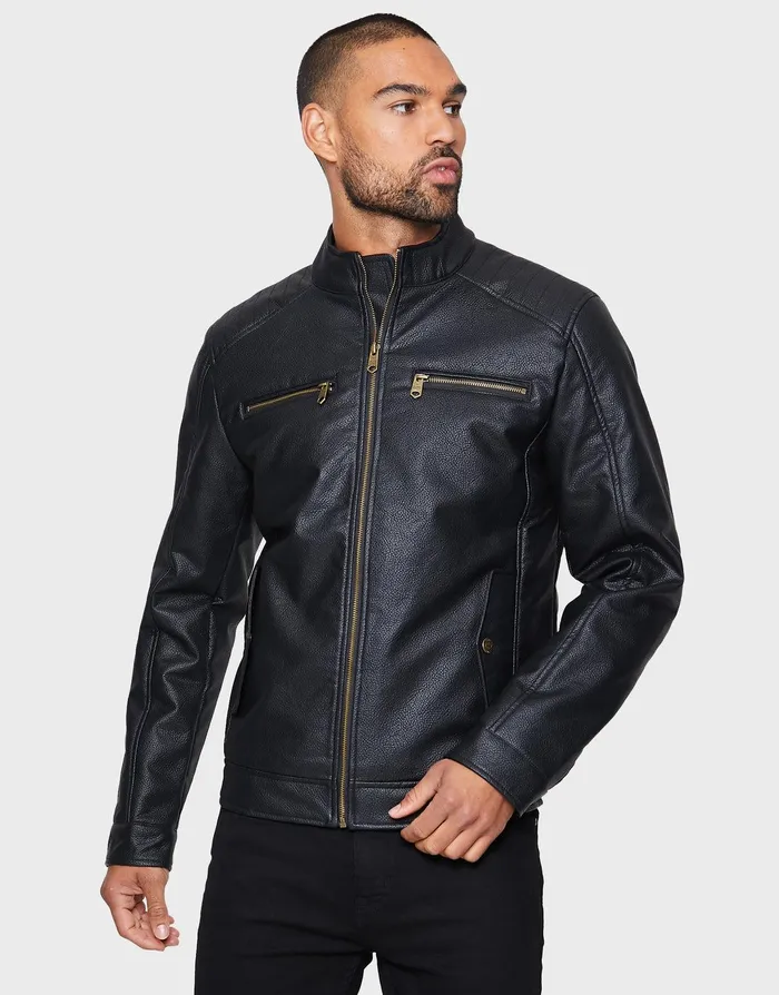 Men Black PU Biker Jacket Black Threadbare Jacket and Coats