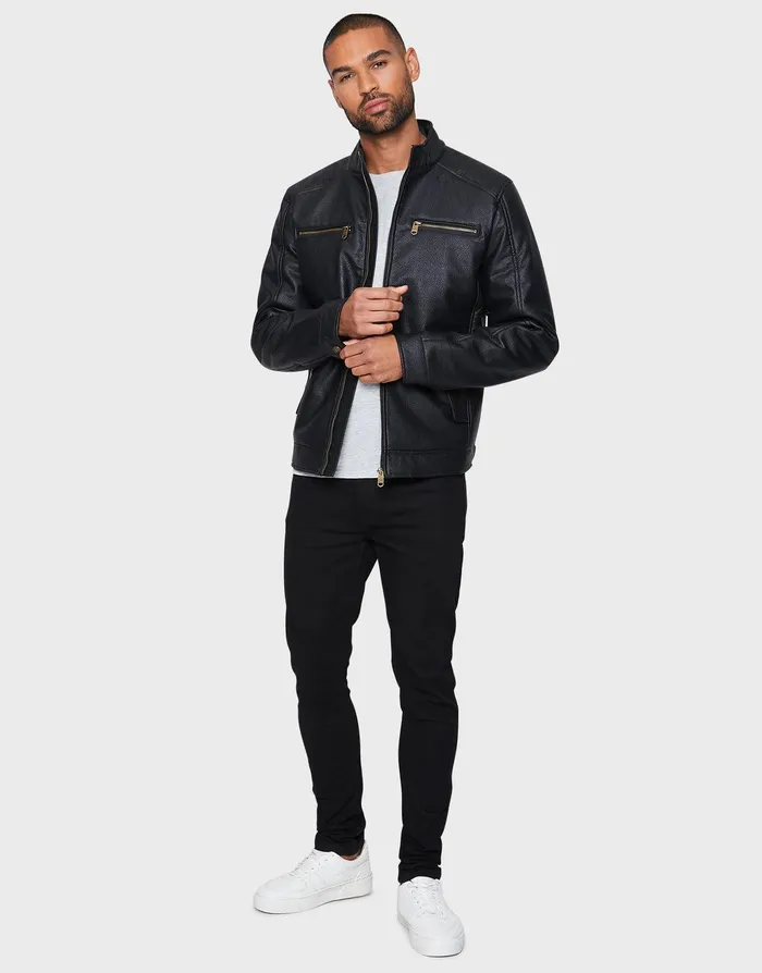Men Black PU Biker Jacket Black Threadbare Jacket and Coats Men Black PU Biker Jacket Black Threadbare Jacket and Coats