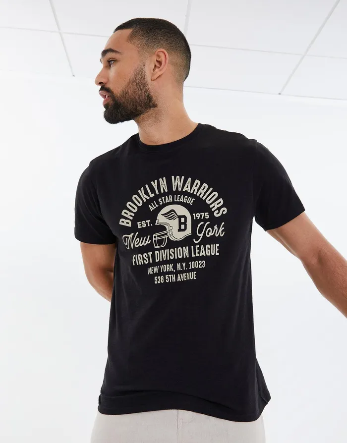 Men Black Slub Brooklyn Varsity TShirt Black Threadbare TShirts
