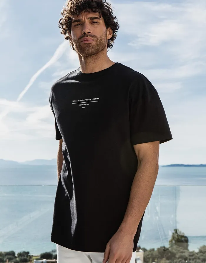 Men Black Spinning Logo Oversized TShirt Black Threadbare TShirts
