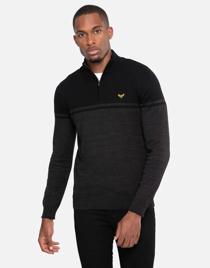 Men Black Two Tone Quarter Zip Jumper Black Threadbare Knitwear