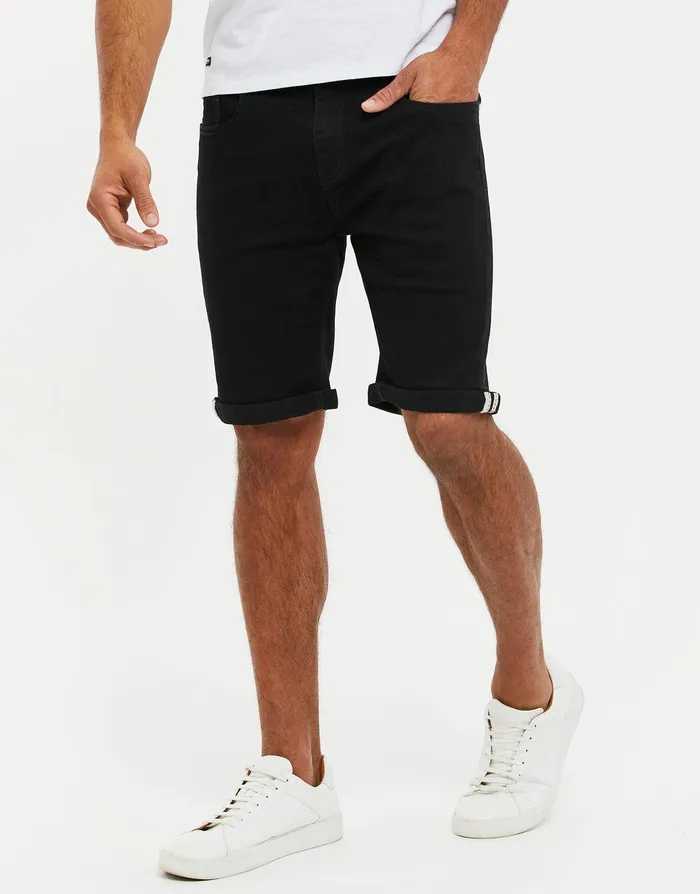 Men Black Wash Stretch Denim Shorts Black Wash Threadbare Shorts