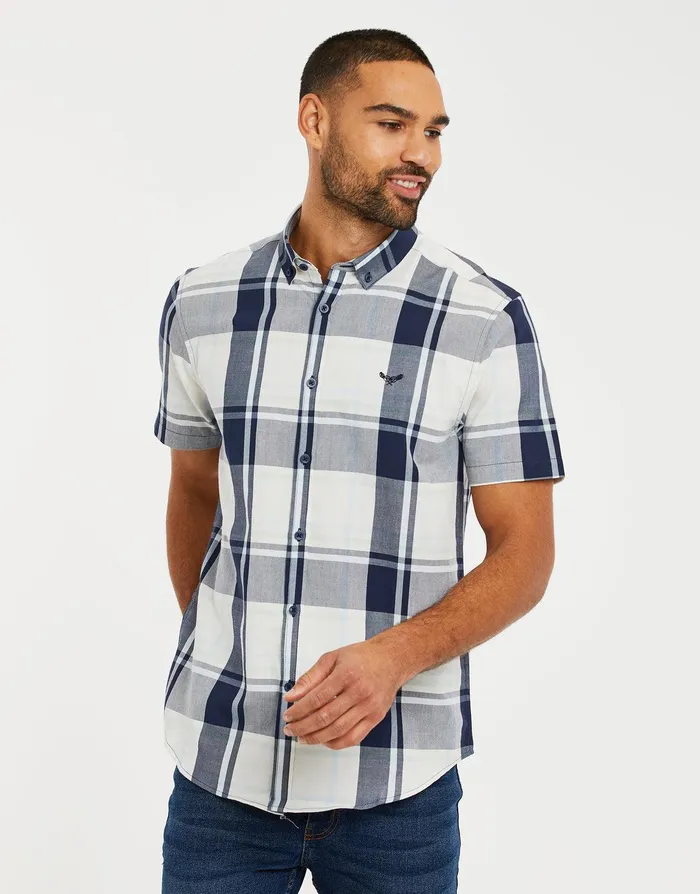 Men Blue and White Check Short Sleeve Shirt Blue and White Threadbare Shirts