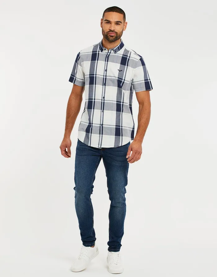 Men Blue and White Check Short Sleeve Shirt Blue and White Threadbare Shirts