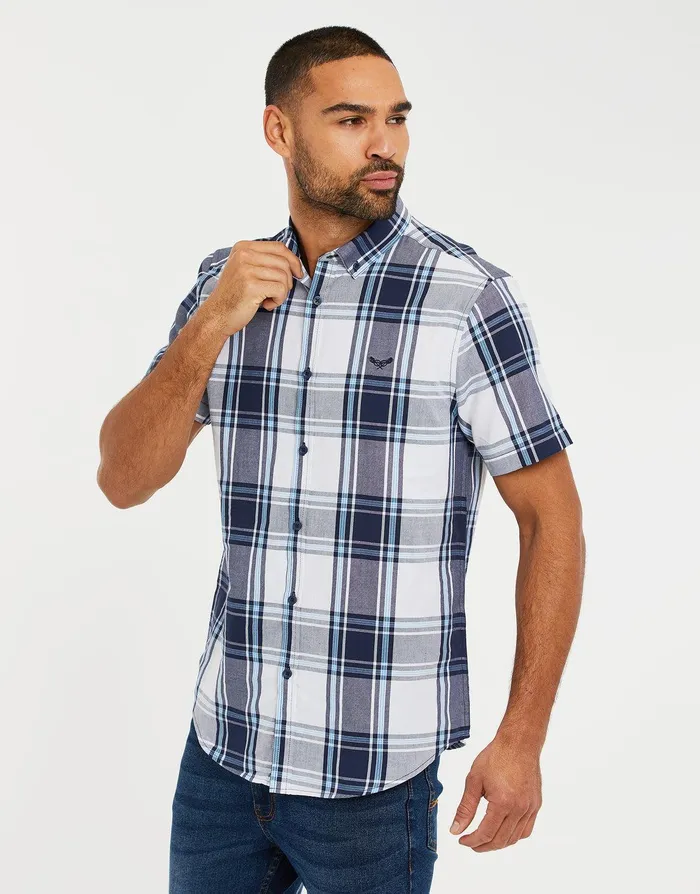 Men Blue Check Short Sleeve Shirt Blue Threadbare Shirts