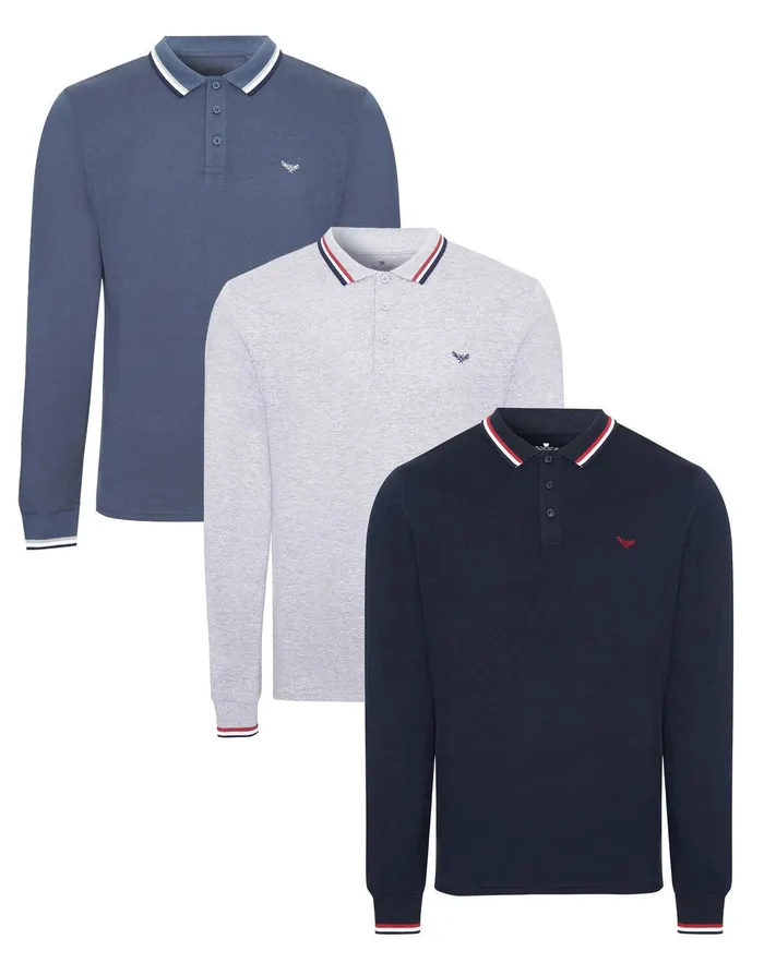 Men Blue Mix Long Sleeve Polo Shirts 3 Pack Blue Mix Threadbare Polo Shirts