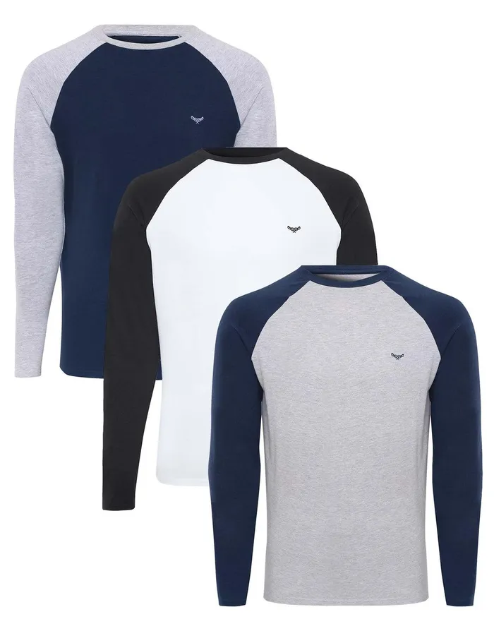Men Blue Mix Raglan Long Sleeve TShirts 3 Pack Blue Mix Threadbare TShirts