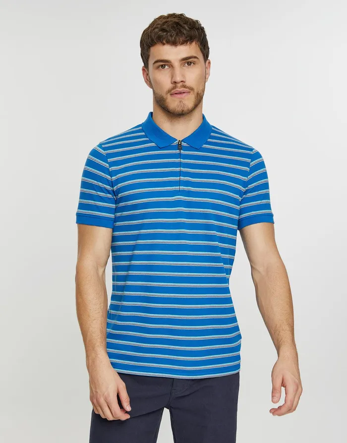 Men Blue Stripe Zip Collar Polo Shirt Blue Threadbare Polo Shirts