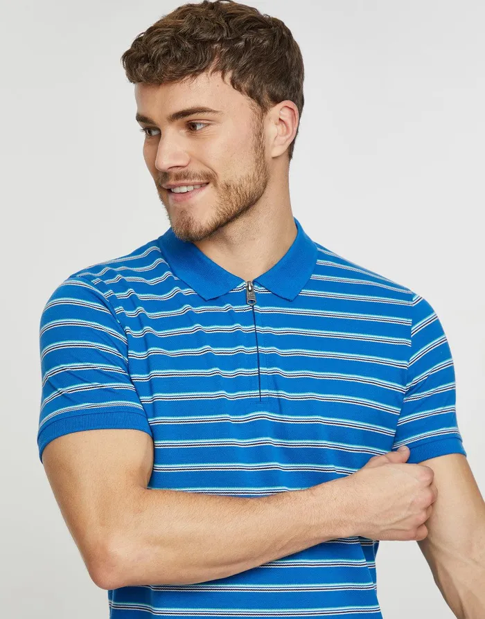 Men Blue Stripe Zip Collar Polo Shirt Blue Threadbare Polo Shirts Men Blue Stripe Zip Collar Polo Shirt Blue Threadbare Polo Shirts