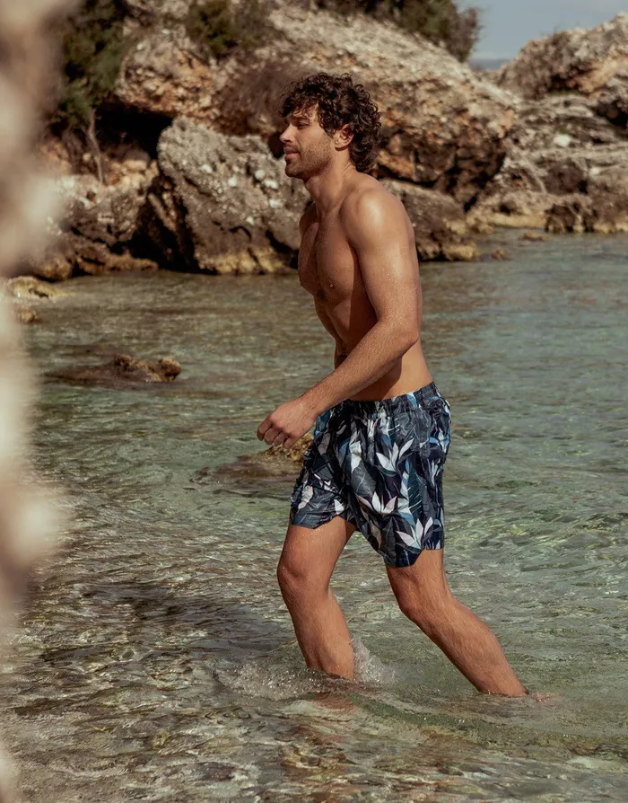 Men Blue Tonal Leaf Print Swim Shorts Blue Threadbare Swimwear Men Blue Tonal Leaf Print Swim Shorts Blue Threadbare Swimwear