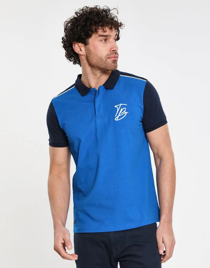 Men Blue Tonal Logo Rib Collar Polo Shirt Blue Threadbare Polo Shirts