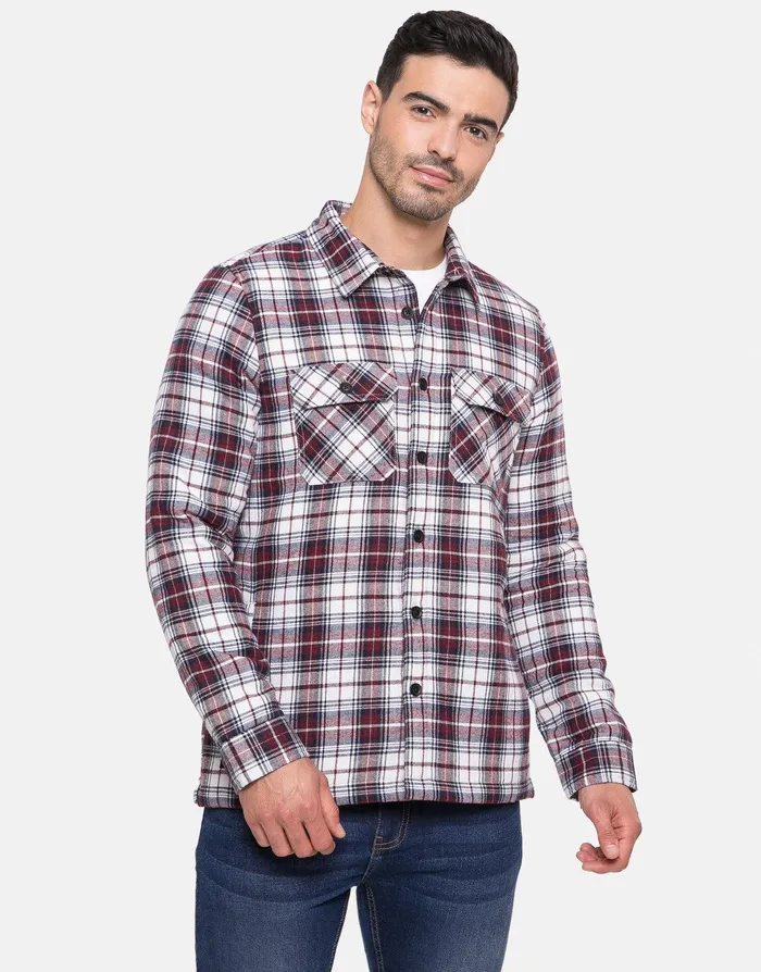 Men Burgundy Check Long Sleeve Overshirt Burgundy Threadbare Shirts