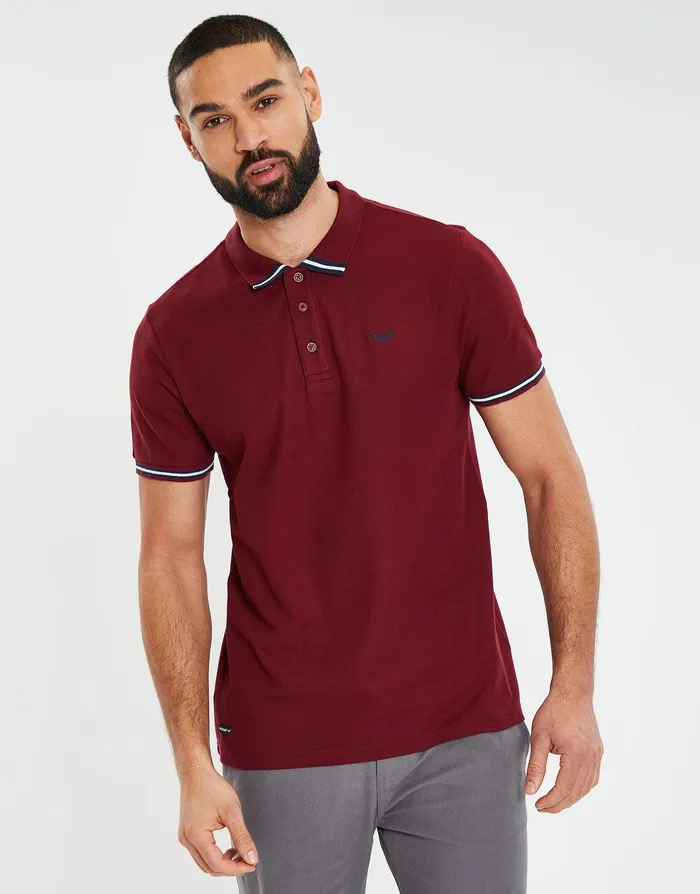 Men Burgundy Rib Collar Classic Polo Shirt Burgundy Threadbare Polo Shirts