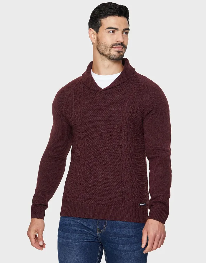 Men Burgundy Shawl Jumper Burgundy Threadbare Knitwear