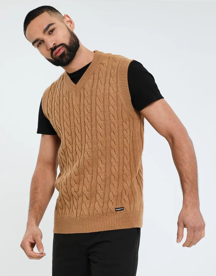 Men Camel Cable Knit Vest Camel Threadbare Knitwear
