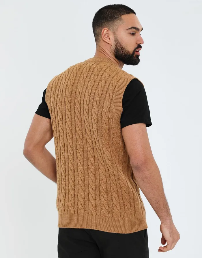 Men Camel Cable Knit Vest Camel Threadbare Knitwear Men Camel Cable Knit Vest Camel Threadbare Knitwear