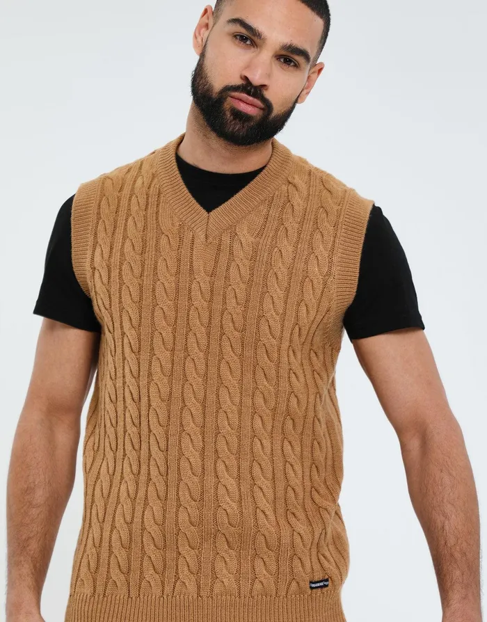 Men Camel Cable Knit Vest Camel Threadbare Knitwear Men Camel Cable Knit Vest Camel Threadbare Knitwear