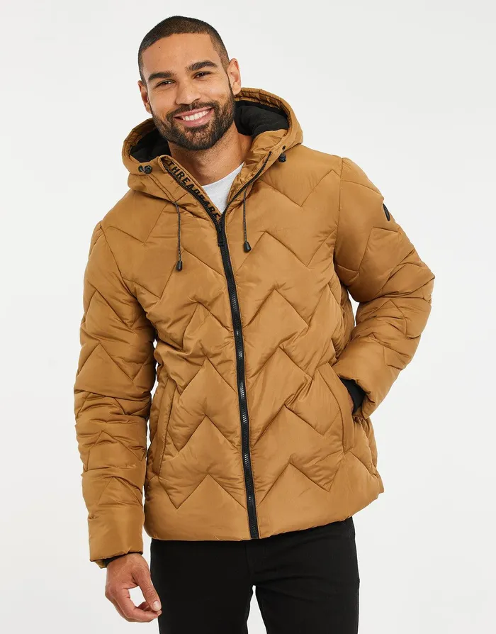 Men Camel Zig Zag Quilted Jacket Camel Threadbare Jacket and Coats