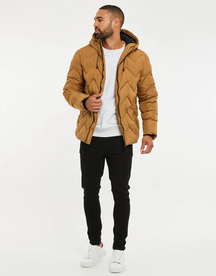 Men Camel Zig Zag Quilted Jacket Camel Threadbare Jacket and Coats Men Camel Zig Zag Quilted Jacket Camel Threadbare Jacket and Coats