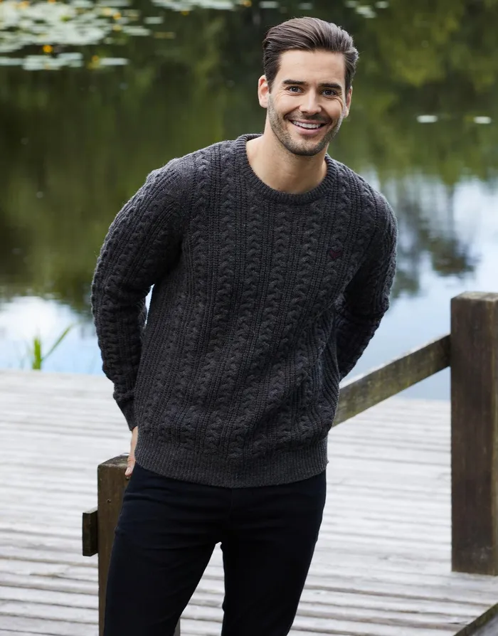 Men Charcoal Grey Cable Knit Jumper Charcoal Threadbare Knitwear