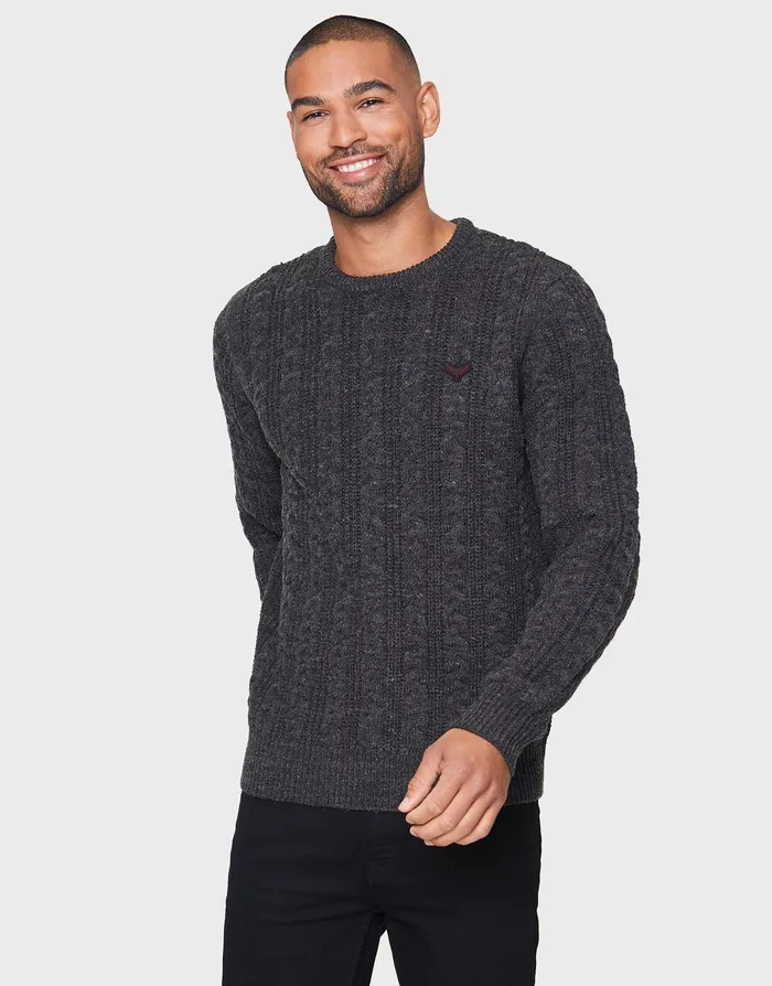 Men Charcoal Grey Cable Knit Jumper Charcoal Threadbare Knitwear