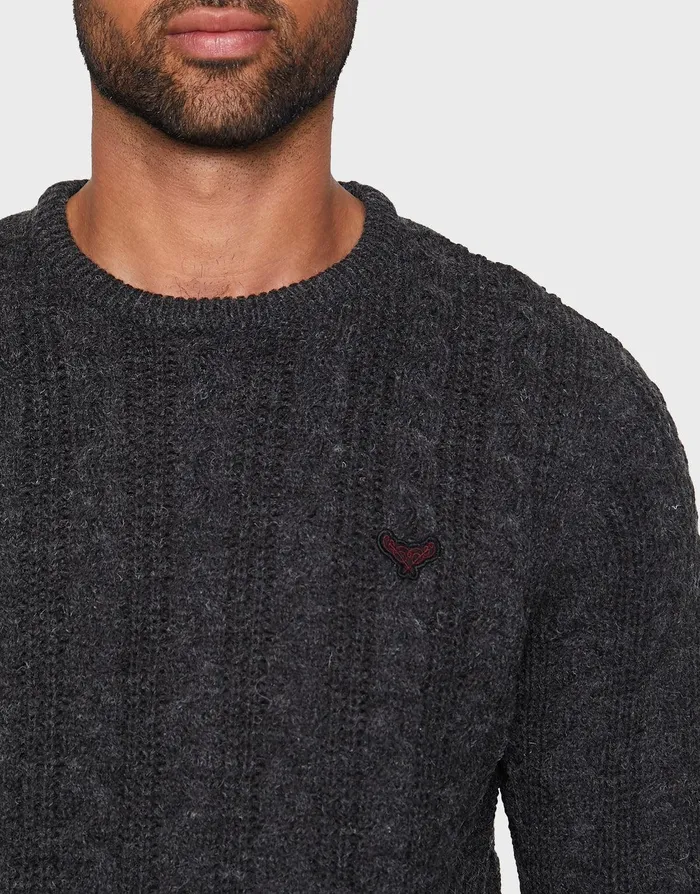 Men Charcoal Grey Cable Knit Jumper Charcoal Threadbare Knitwear