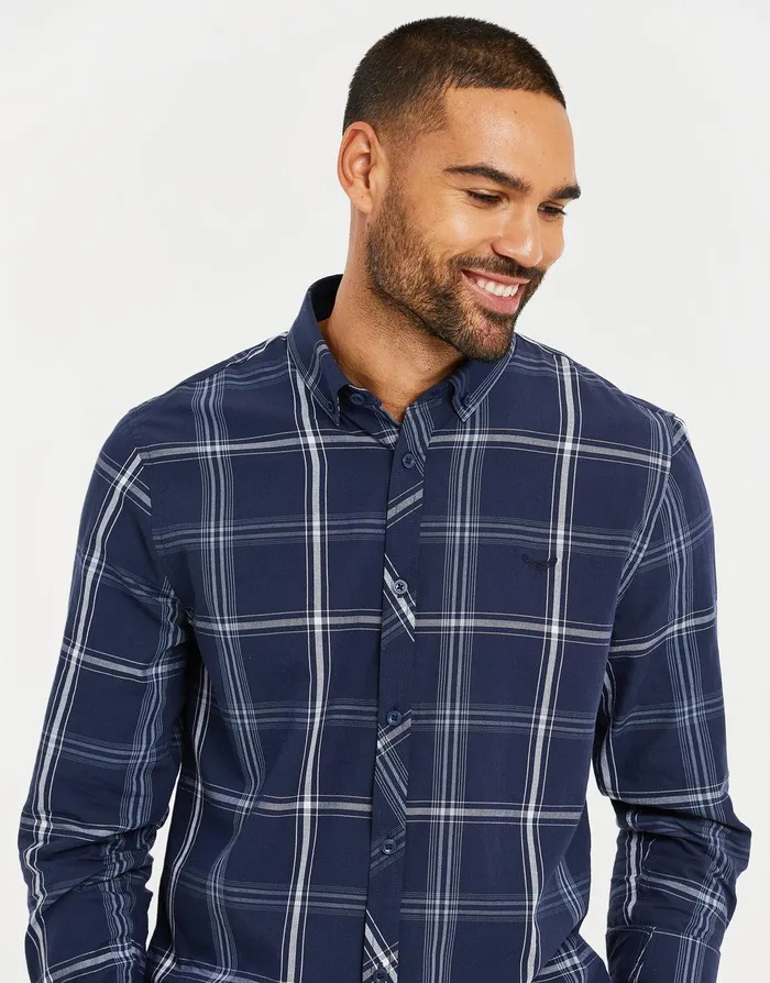 Men Dark Blue Check Long Sleeve Shirt Dark Blue Threadbare Shirts Men Dark Blue Check Long Sleeve Shirt Dark Blue Threadbare Shirts