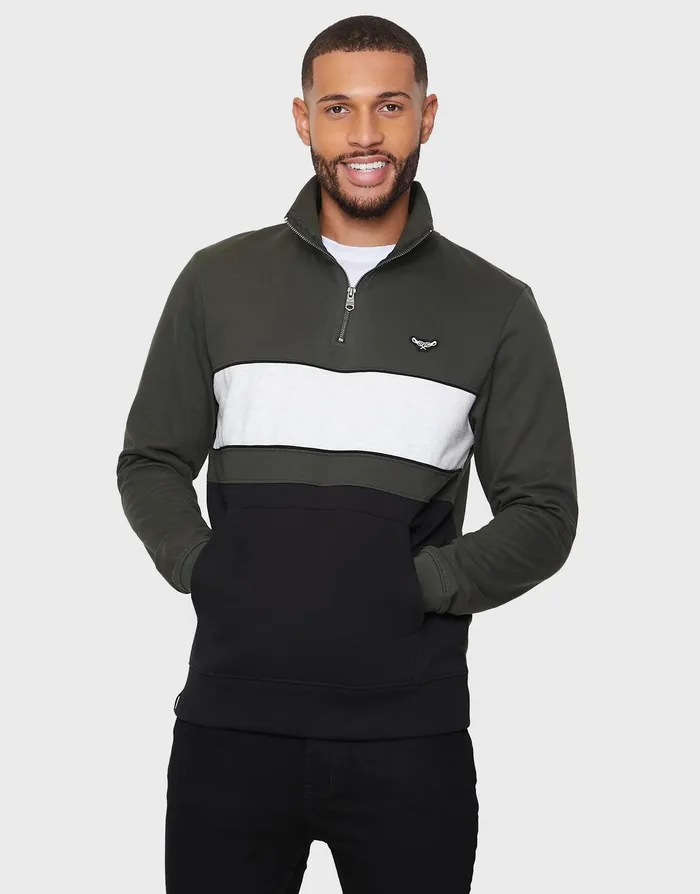 Men Dark Khaki Colourblock Quarter Zip Jumper Dark Khaki Threadbare Knitwear
