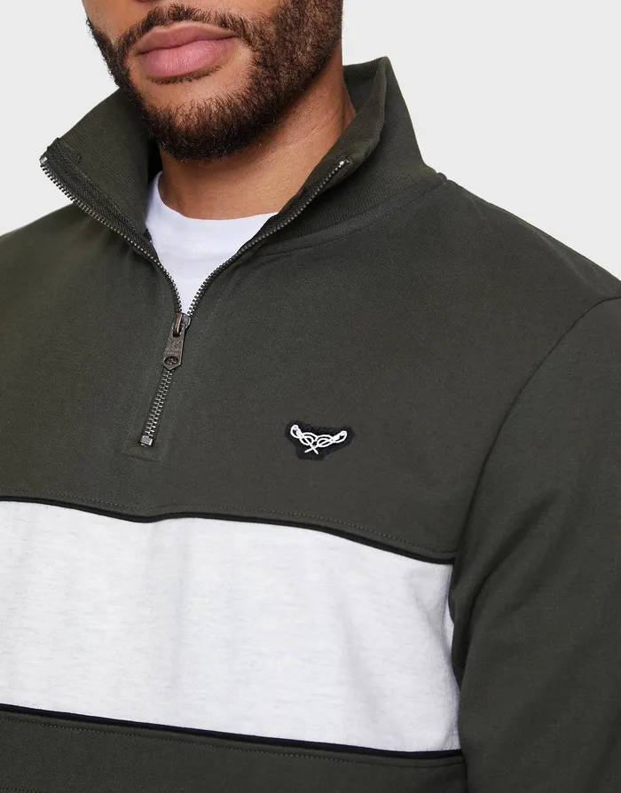 Men Dark Khaki Colourblock Quarter Zip Jumper Dark Khaki Threadbare Knitwear Men Dark Khaki Colourblock Quarter Zip Jumper Dark Khaki Threadbare Knitwear