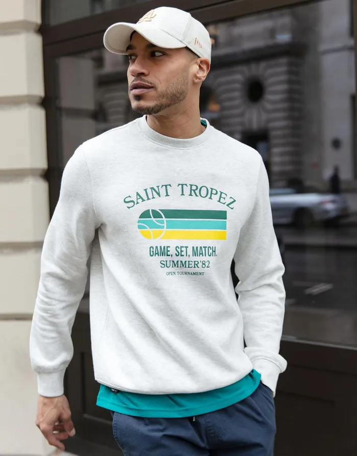 Men Ecru Marl Tennis Fleece Sweatshirt Ecru Marl Threadbare Sweatshirts
