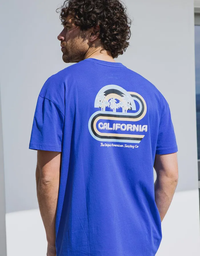 Men Electric Blue California Graphic Oversized TShirt Blue Threadbare TShirts