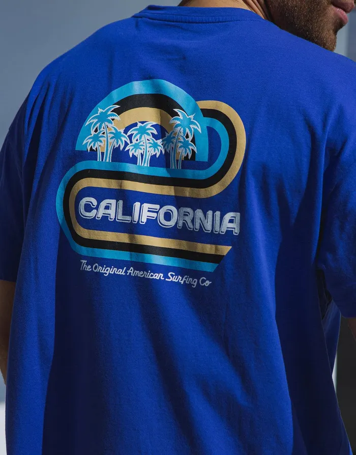 Men Electric Blue California Graphic Oversized TShirt Blue Threadbare TShirts