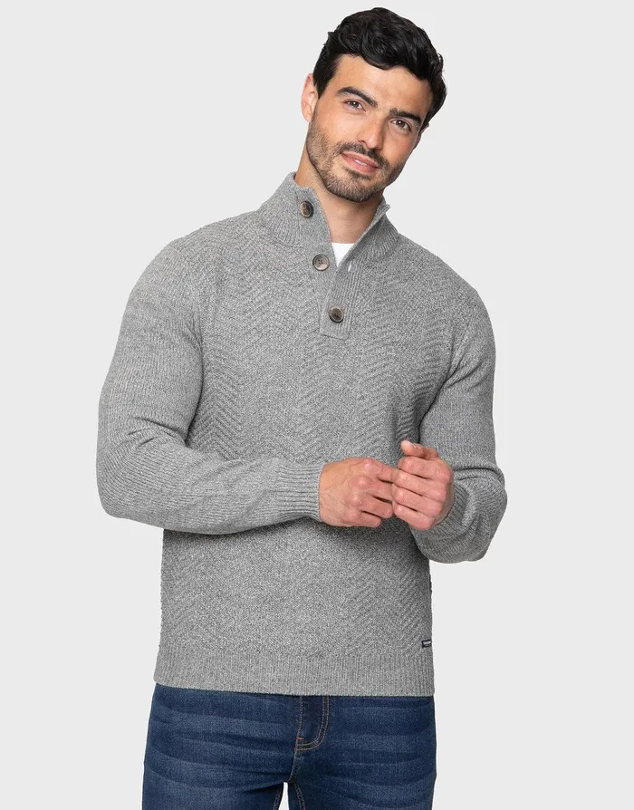 Men Grey Button Up Turtleneck Jumper Grey Threadbare Knitwear